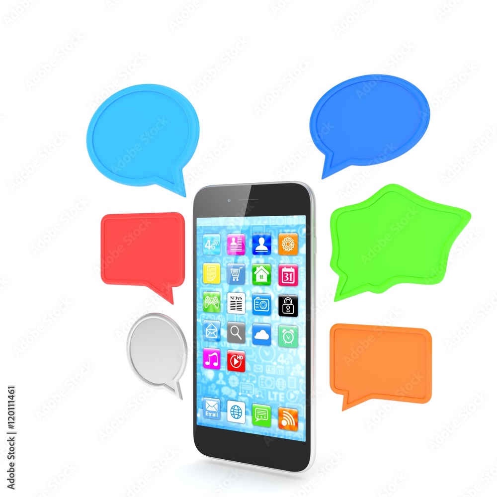 smartphone with bubbles isolated on white background. 3d rendering. smartphone with bubbles isolated on white background. 3d rendering.