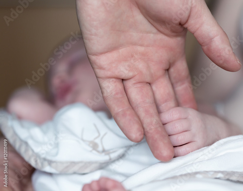 A newborn baby's hand holdind parent's finger