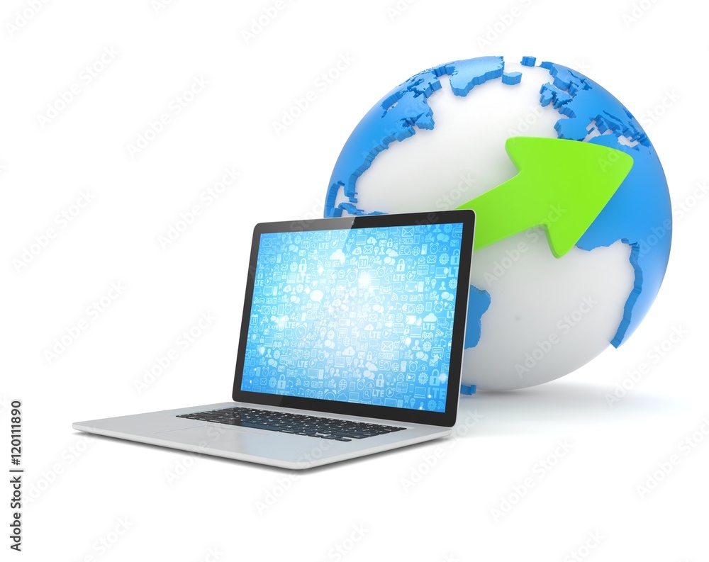Laptop network and earth globe. 3d render Laptop network and earth globe. 3d render