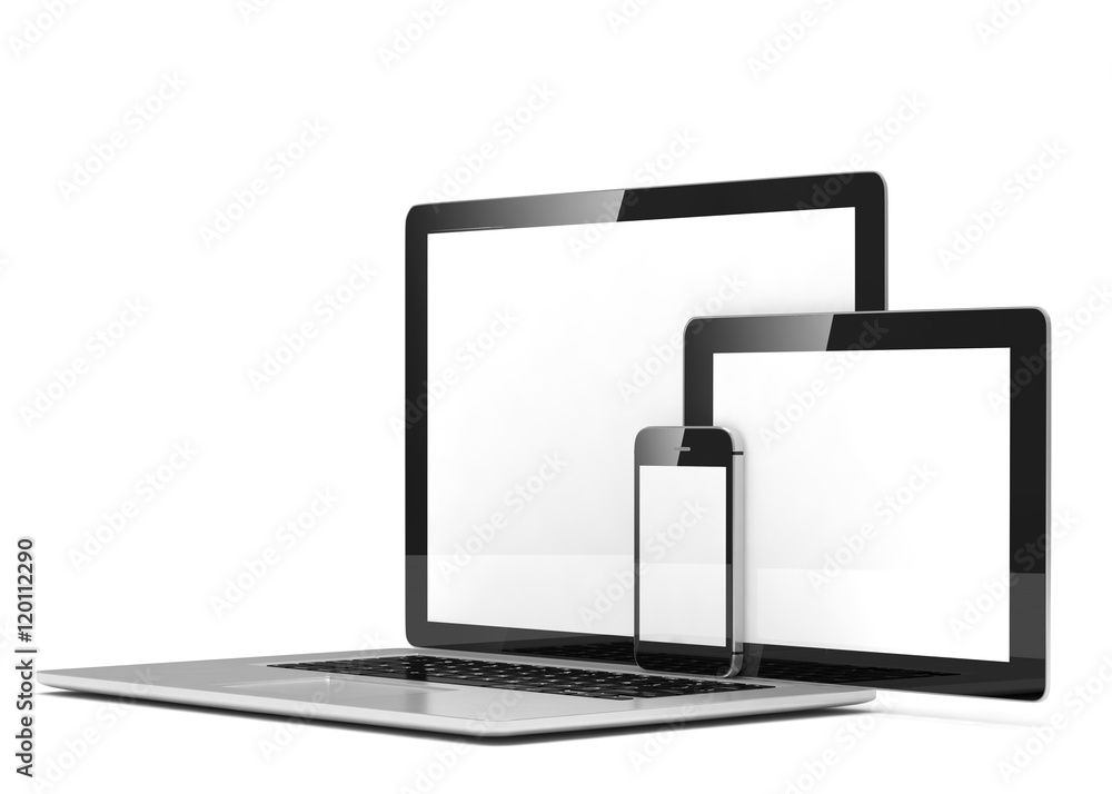 laptop, tablet, phone, on white. 3d rendering. laptop, tablet, phone, on white. 3d rendering.