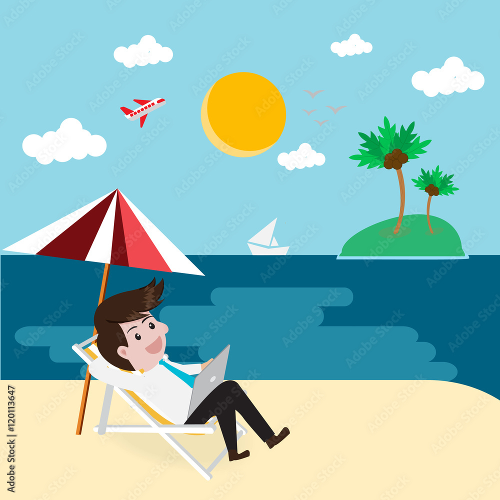 Fototapeta premium Business relax on beach with tablet.Vector illustration business concept.