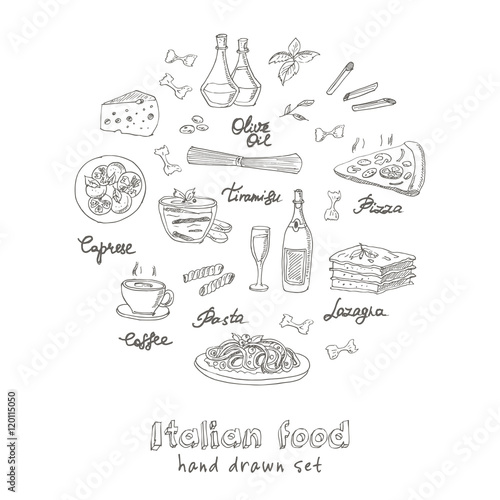 Vector hand drawn set with italian food. Vintage illustratio