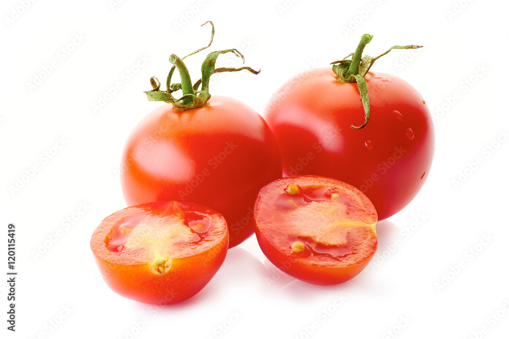Two red tomatoes with halfs on white Two red tomatoes with halfs on white