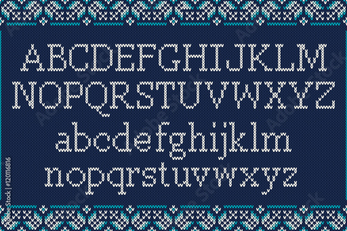 Christmas Knitted Font. Knitted Latin Alphabet on Seamless Background. Nordic Fair Isle Knitting Sweater Design