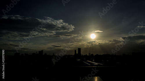 Valokuva Silhouette cityscape of Bangkok, Thailand in sunny day with brig