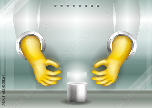 The sealed lab box with yellow rubber gloves. Chamber experiments with dangerous substances.