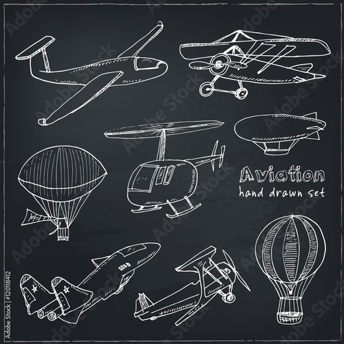 Doodle aviation set Vintage illustration for identity, design