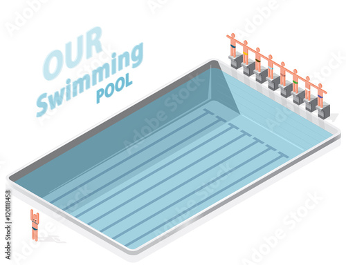 Isometric swimming pool with swimmers. Sportsmen on springboard prepare to swim in water. Race swimmers start to jump. Sport article illustration. Pictogram 3d element. Flatten isolated master vector.