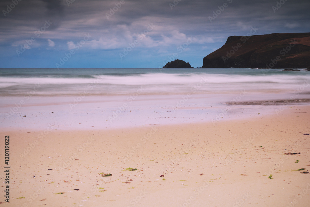 Early morning view of the beach at Polzeath Vintage Retro Filter