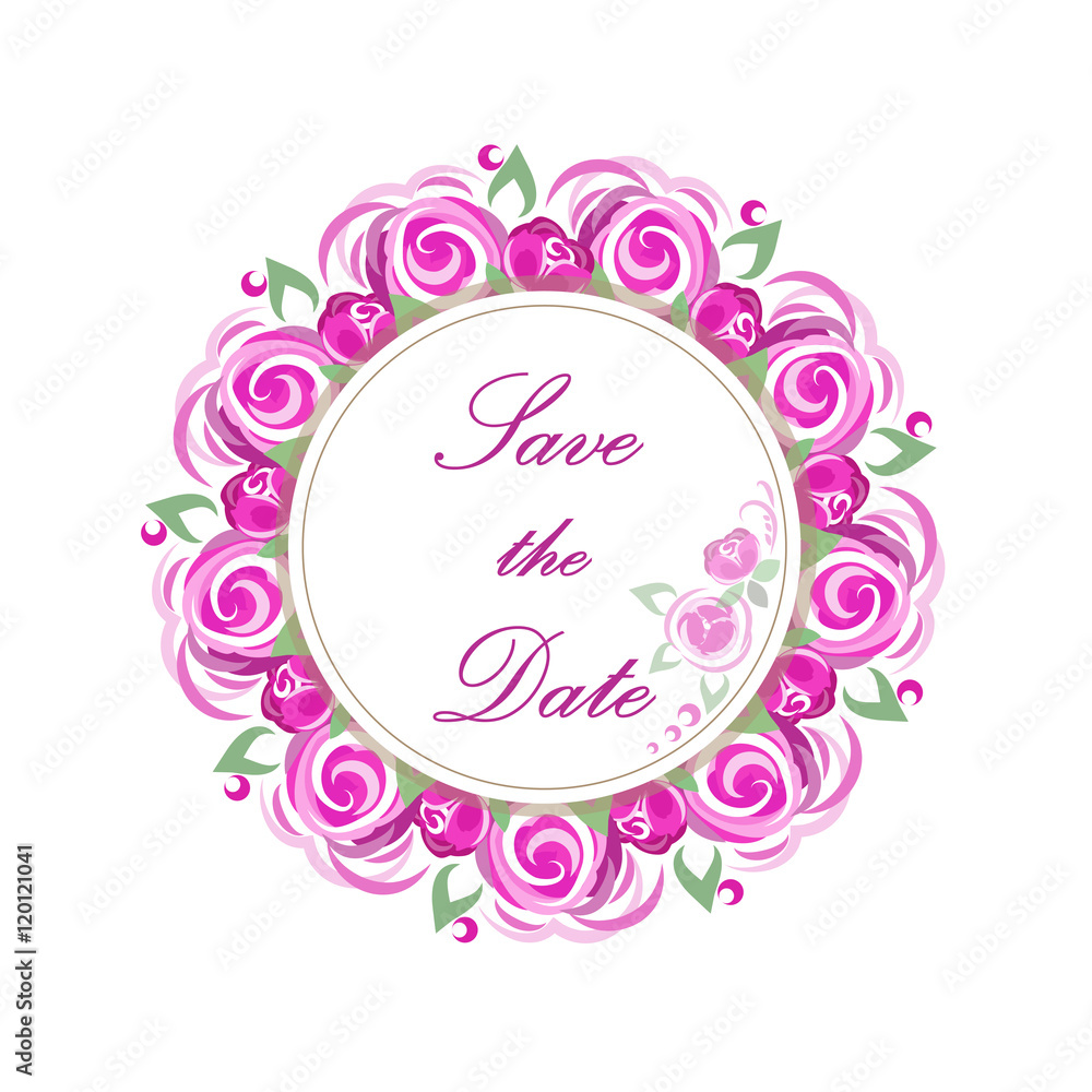 Vector invitation wreath with pink roses for wedding, marriage, birthday, Valentine's day.