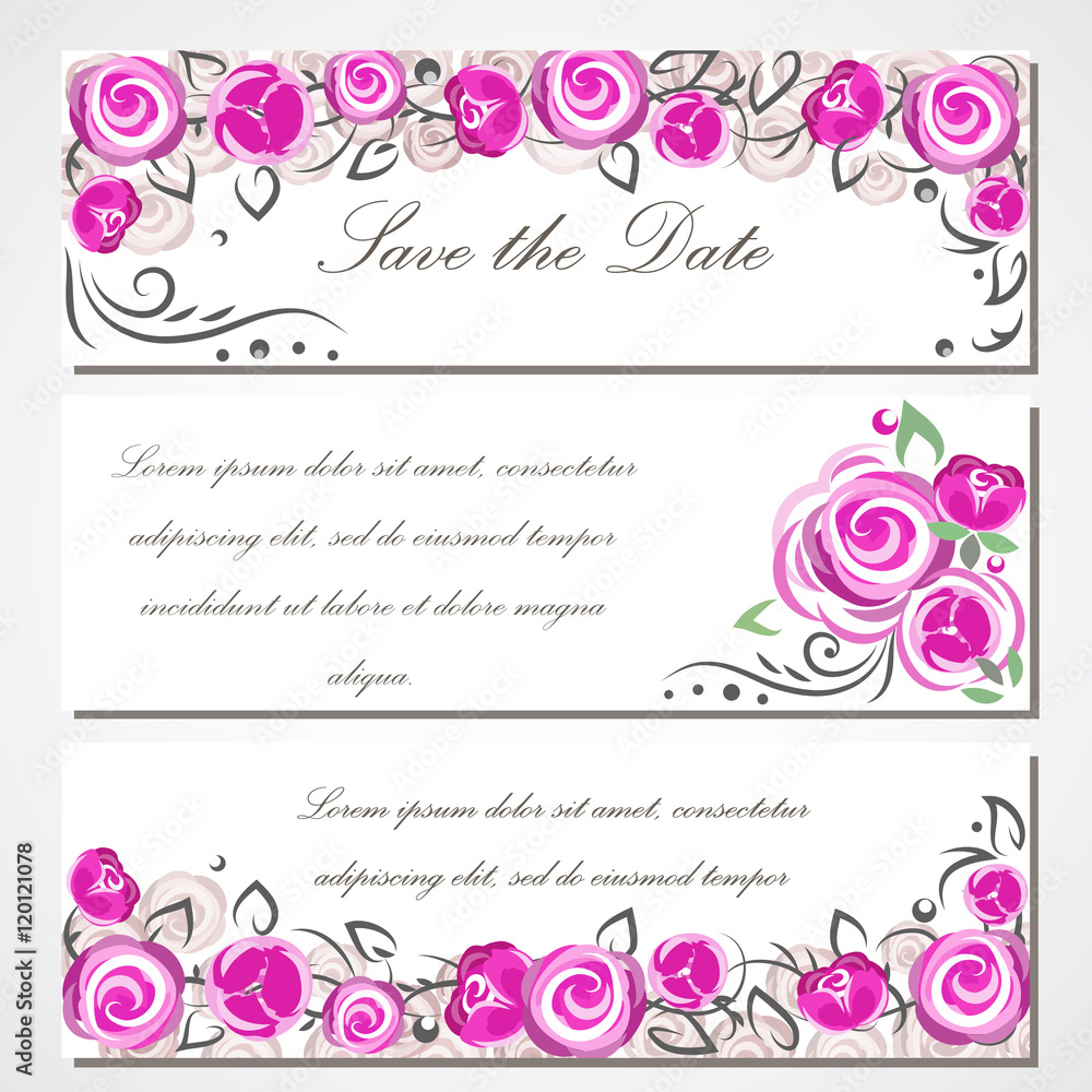 Vector invitation with pink roses for wedding, marriage, birthday, Valentine's day.