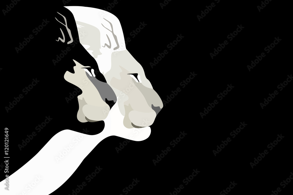 Fototapeta premium Abstract watercolor illustration of two lion head (color white and black), force logo