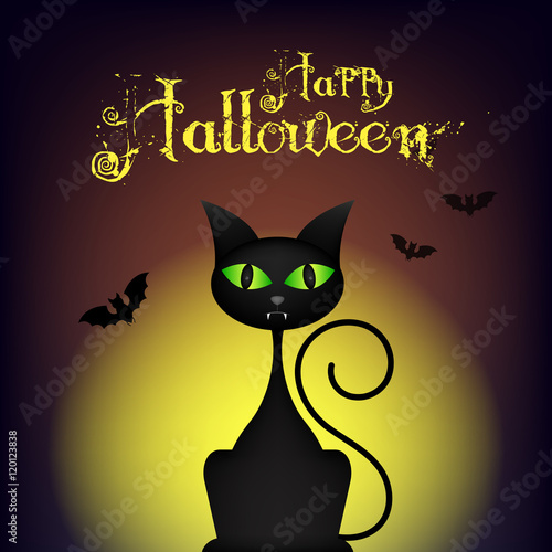 Halloween illustration with black cat on moon background