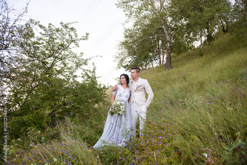 Young couple in love outdoor. Elegant bride and groom posing together outdoors on a wedding day. bride and groom in the Park. young couple in the woods. young couple in the grass. couple walking Young couple in love outdoor. Elegant bride and groom posing together outdoors on a wedding day. bride and groom in the Park. young couple in the woods. young couple in the grass. couple walking