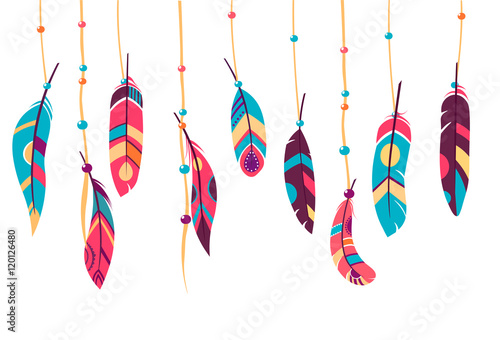 Feathers. Vector Set of Ethnic feathers, Tribal. bright background, illustration , dark and light feathers, boho design
