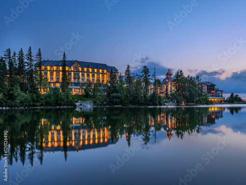 Sunsest over mountain lake Strbske Pleso in Slovakia