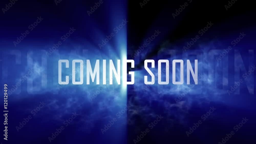 Coming soon title, intro. 10 seconds loopable intro with cloud of smoke and rays of light. Light rays pass through the word Coming soon title, intro. 10 seconds loopable intro with cloud of smoke and rays of light. Light rays pass through the word