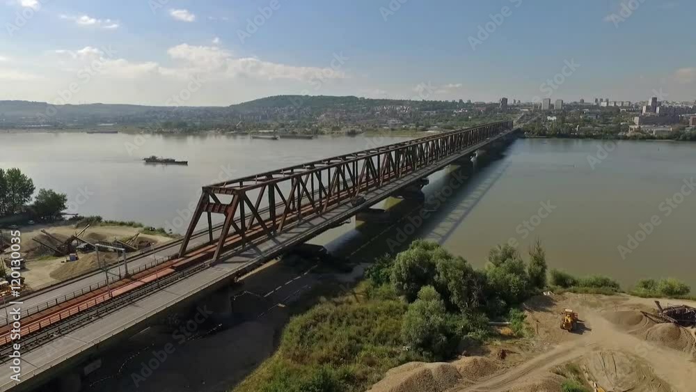 Aerial view of the Pancevo bridge.Flight over Pancevo bridge.Traffic on Pancevo bridge Aerial view of the Pancevo bridge.Flight over Pancevo bridge.Traffic on Pancevo bridge