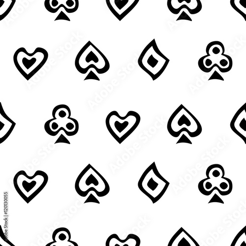 Seamless vector pattern with icons of playings cards. Background with black and white hand drawn symbols. Decorative repeating ornament. Series of Gaming and Gambling Seamless Patterns.