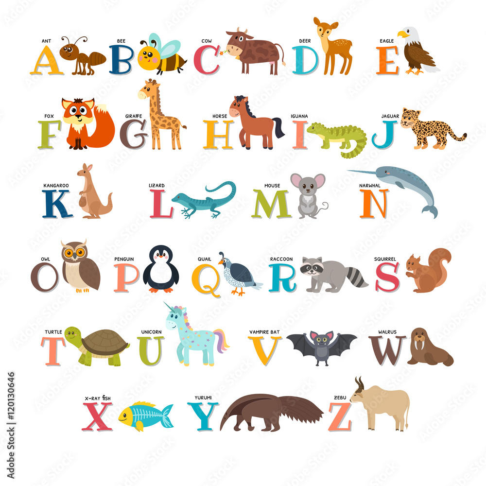 Cute zoo alphabet with animals in cartoon style Stock Vector | Adobe Stock