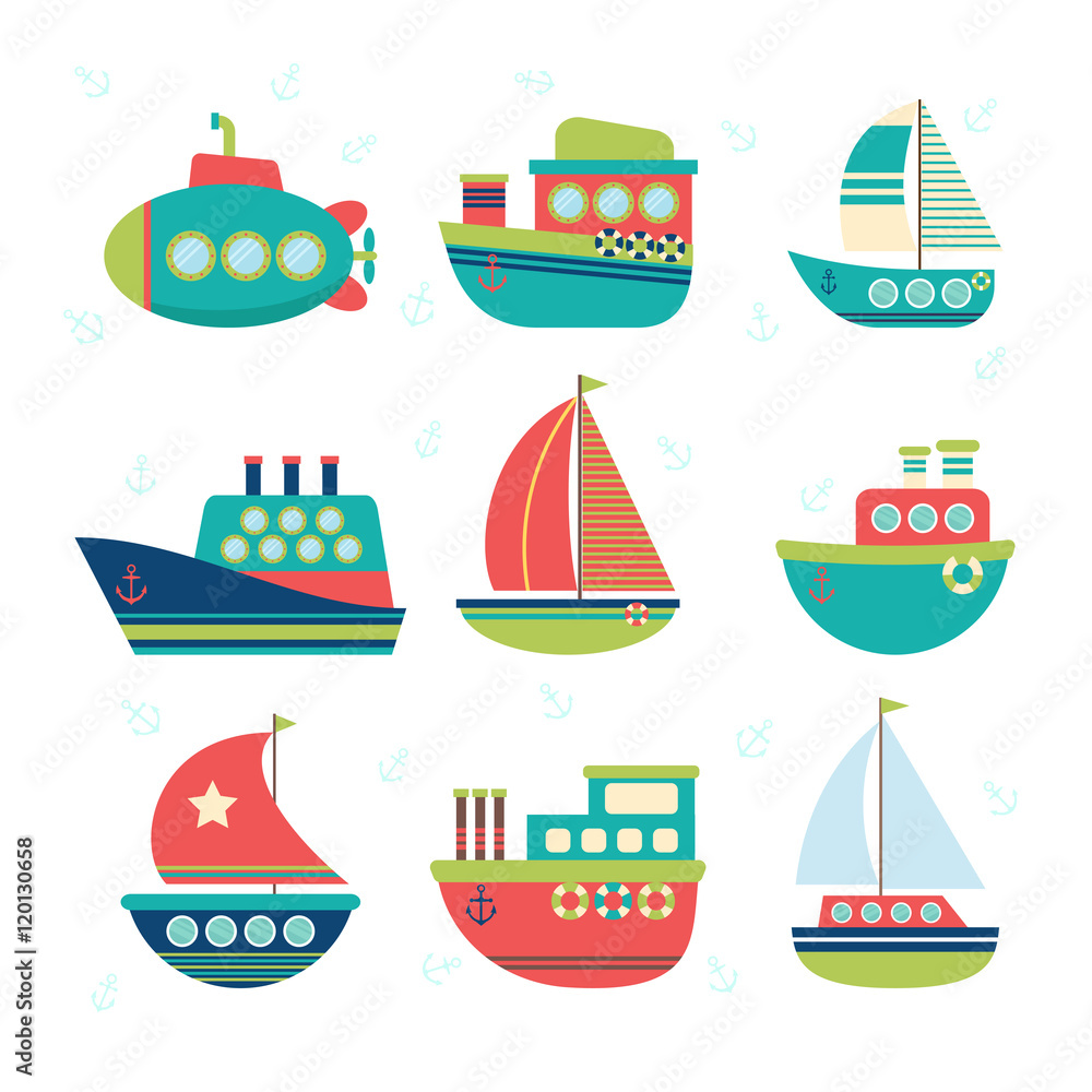 Obraz premium Different kind of boats. Set of sea transport. Fishing boats, ya
