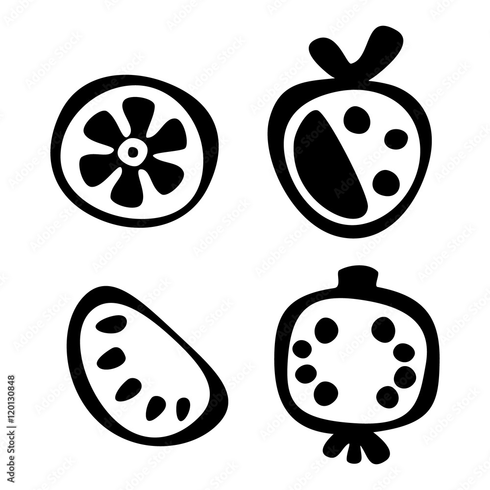 Vector black and white set of hand drawn lime, strawberry, pomegranate and watermelon,, isolated on the white background Vector black and white set of hand drawn lime, strawberry, pomegranate and watermelon,, isolated on the white background