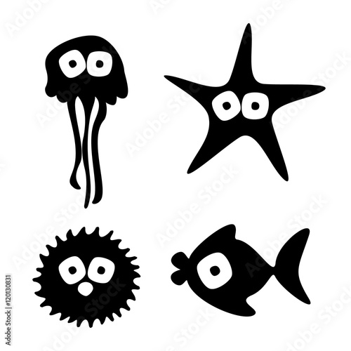 Vector black and white set of hand drawn fish, starfish, jellyfish and octopus, isolated on the white background