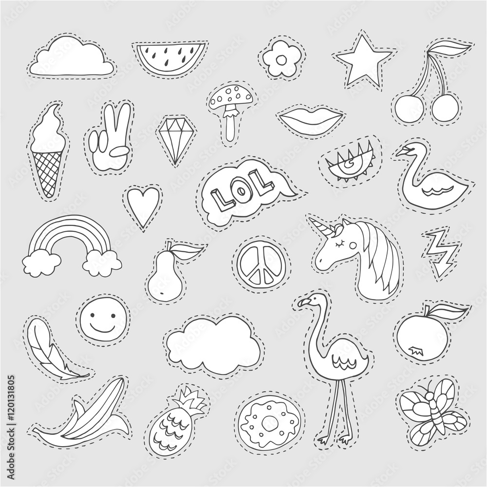 Set of colorless cartoon patch badges, fashion pin badges, hand drawn vector illustration