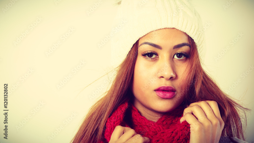 Woman with red winter clothing. Woman with red winter clothing.