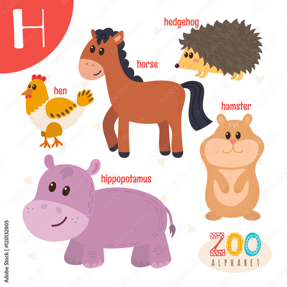 Letter H. Cute animals. Funny cartoon animals in vector. ABC boo Stock