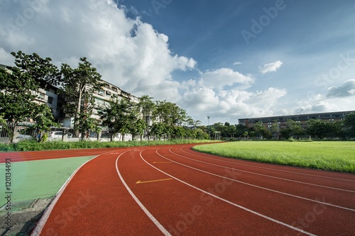 Stadium track and field area empty on a sunny day 