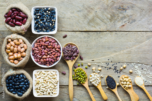Group of colorful various beans or lentils and whole grains seed