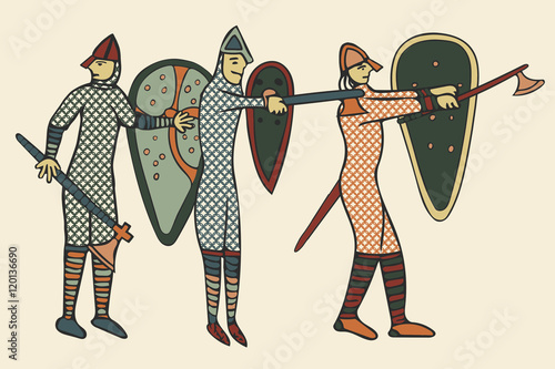 Hand drawn illustration of Norman soldiers around the time of the invasion of England in 1066. 