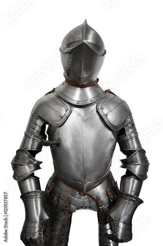 Murais de parede Old metal knight armour isolated on white background