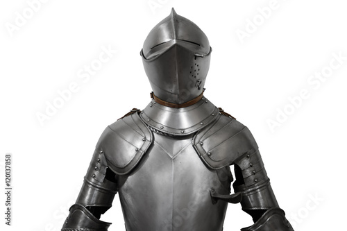 Canvas Print Old metal knight armour isolated on white background