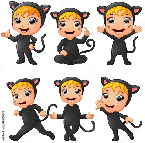 Set of  little girls wearing cat costume 