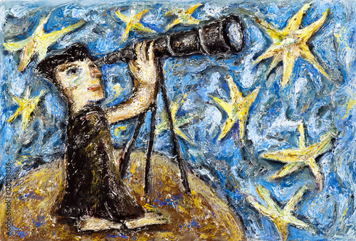 Fototapeta Naklejka Na Ścianę i Meble -  Young man astrologer looking stars astrolonomy.