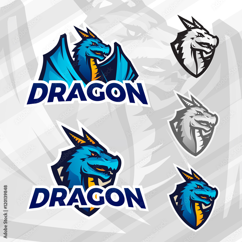 Creative dragon logo template. Sport mascot design. College league insignia, Asian beast sign, Dragons illustration, Football poster.
