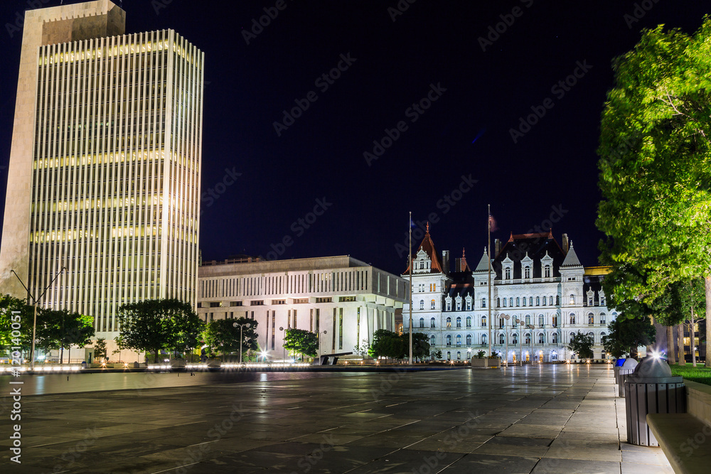 Albany NY Capital area reflection pond in evening and sunset
