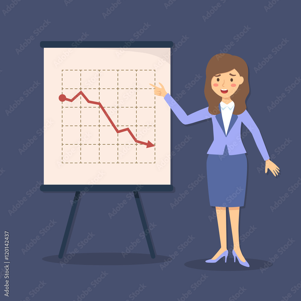 Vector illustration of businesswoman giving presentation with crisis arrow down and decrease business progress in blue background. Vector illustration of businesswoman giving presentation with crisis arrow down and decrease business progress in blue background.
