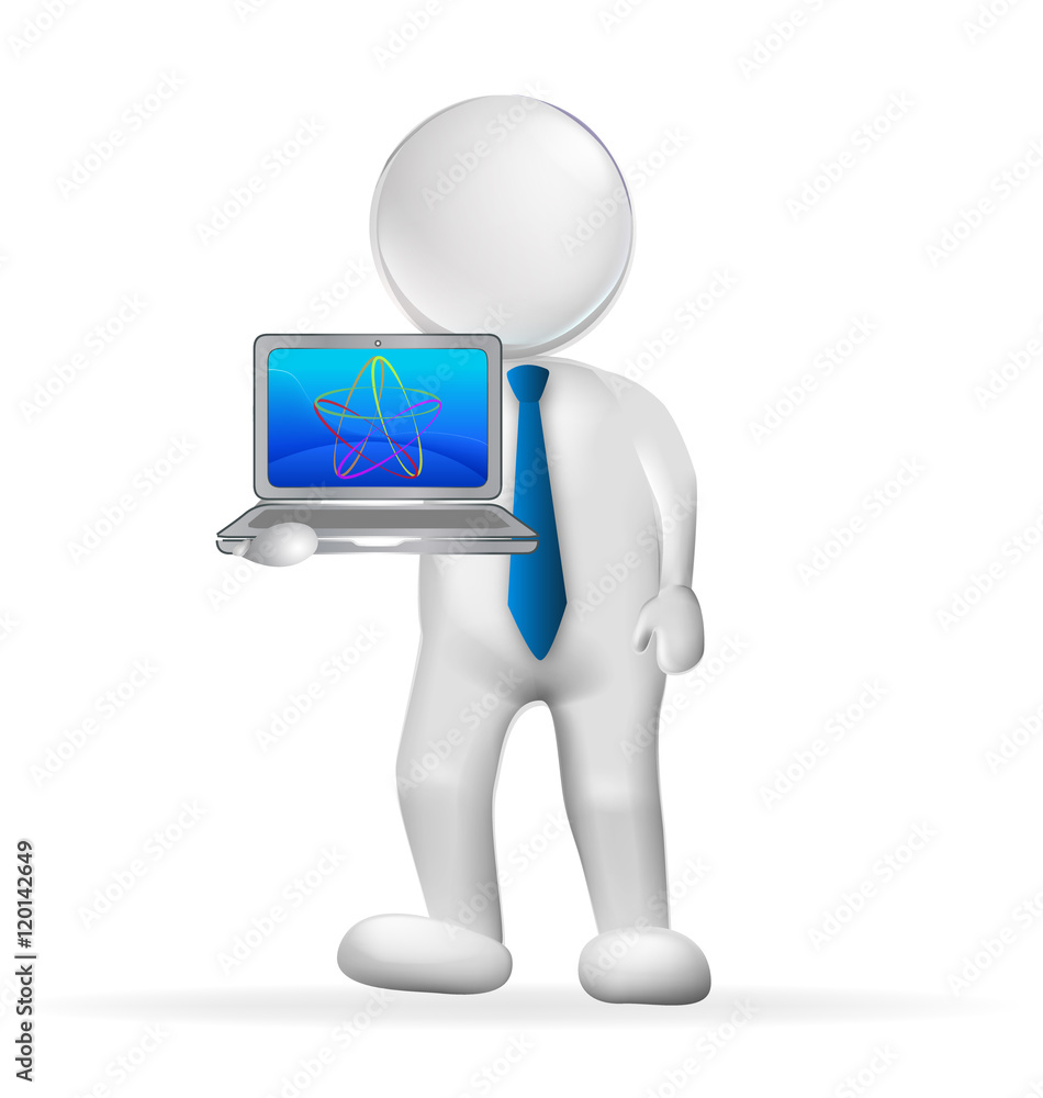 3d vector man showing a laptop. Concept of technology 3d vector man showing a laptop. Concept of technology