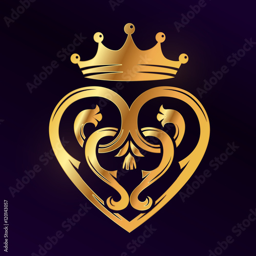 Golden Luckenbooth brooch vector design element. Vintage Scottish heart shape with crown and thistle symbol logo concept. Valentine day or wedding illustration on dark background