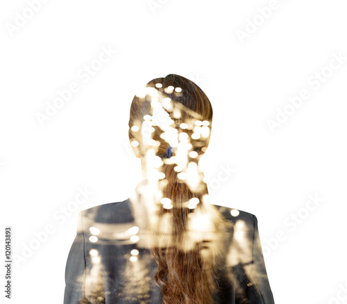 Double exposure concept portrait of asian businesswoman with city in the background