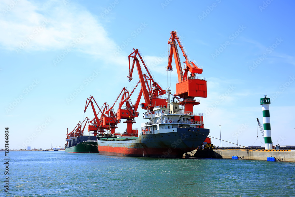 In freight terminal, gantry crane and cargo ships are in loading