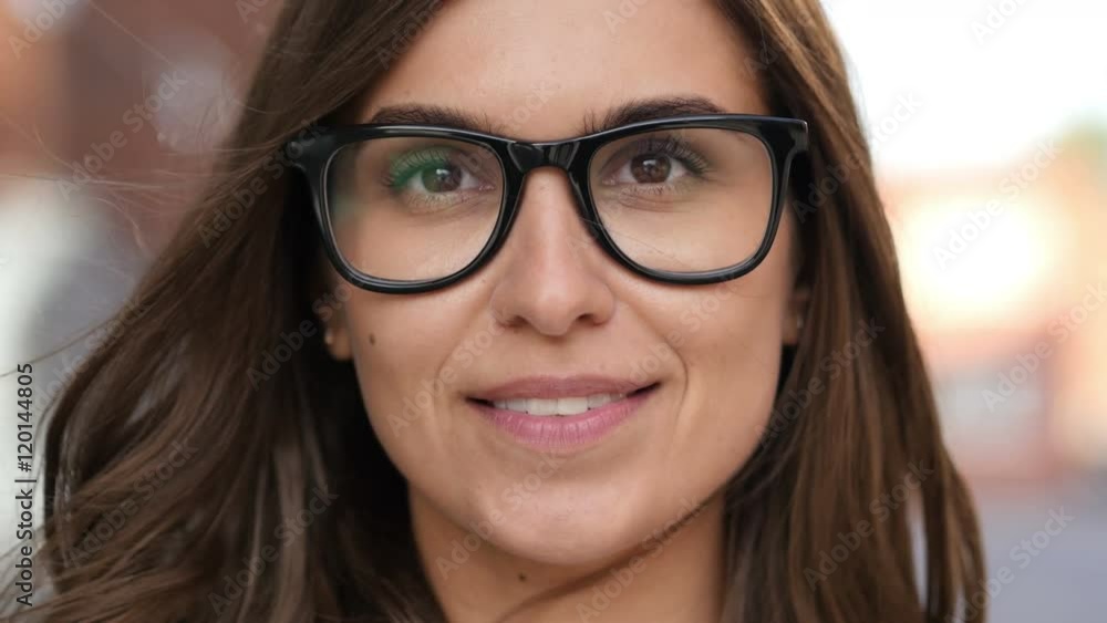 Close Up of Smiling Girl Face in Glasses, Outdoor Close Up of Smiling Girl Face in Glasses, Outdoor
