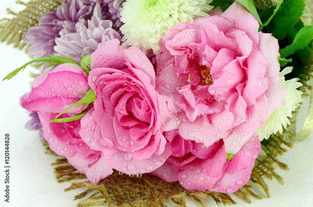 Flowers bouquet with pink roses and chrisanthemum. Flowers bouquet with pink roses and chrisanthemum.