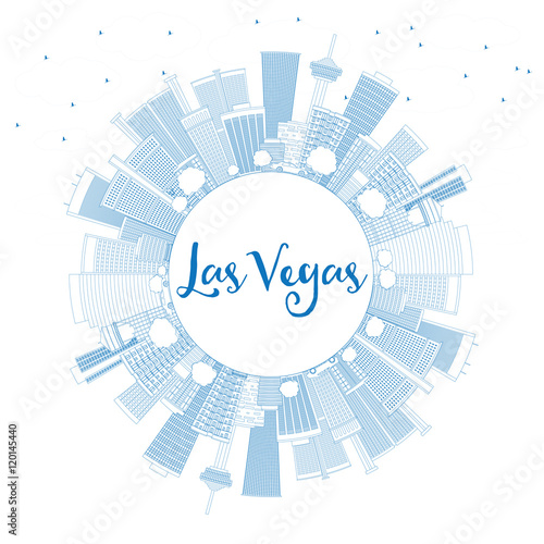 Outline Las Vegas Skyline with Blue Buildings and Copy Space.
