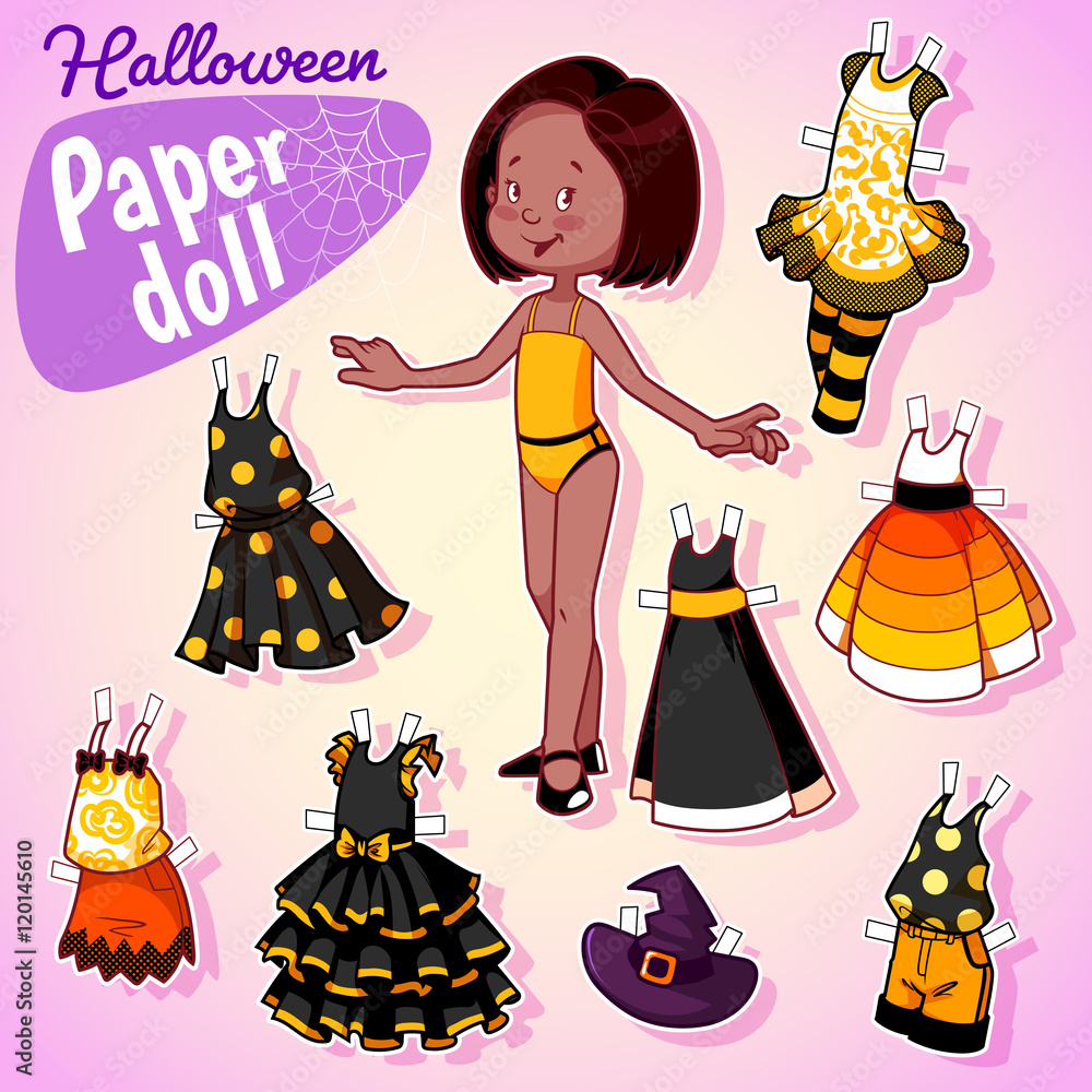 Very cute paper doll with seven beautiful dresses at halloween. Stock ...
