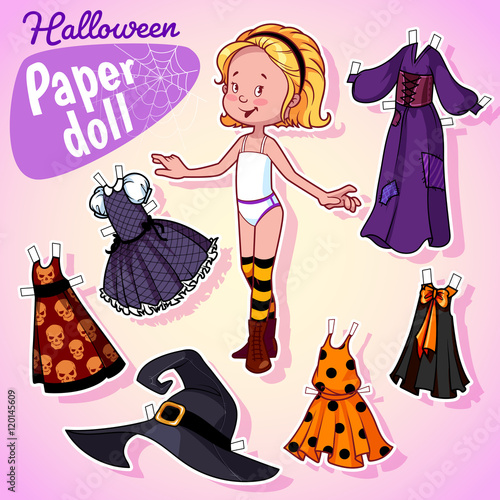 Very cute paper doll with five beautiful dresses at halloween.