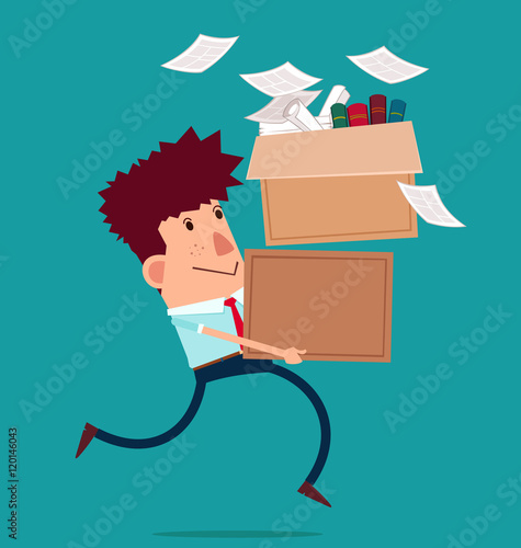 young businessman carry boxes with his work moving to new office